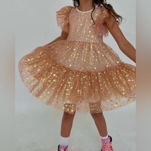 Lola + The Boys Goldie Star Tulle Dress Pink Gold Stars Size 6